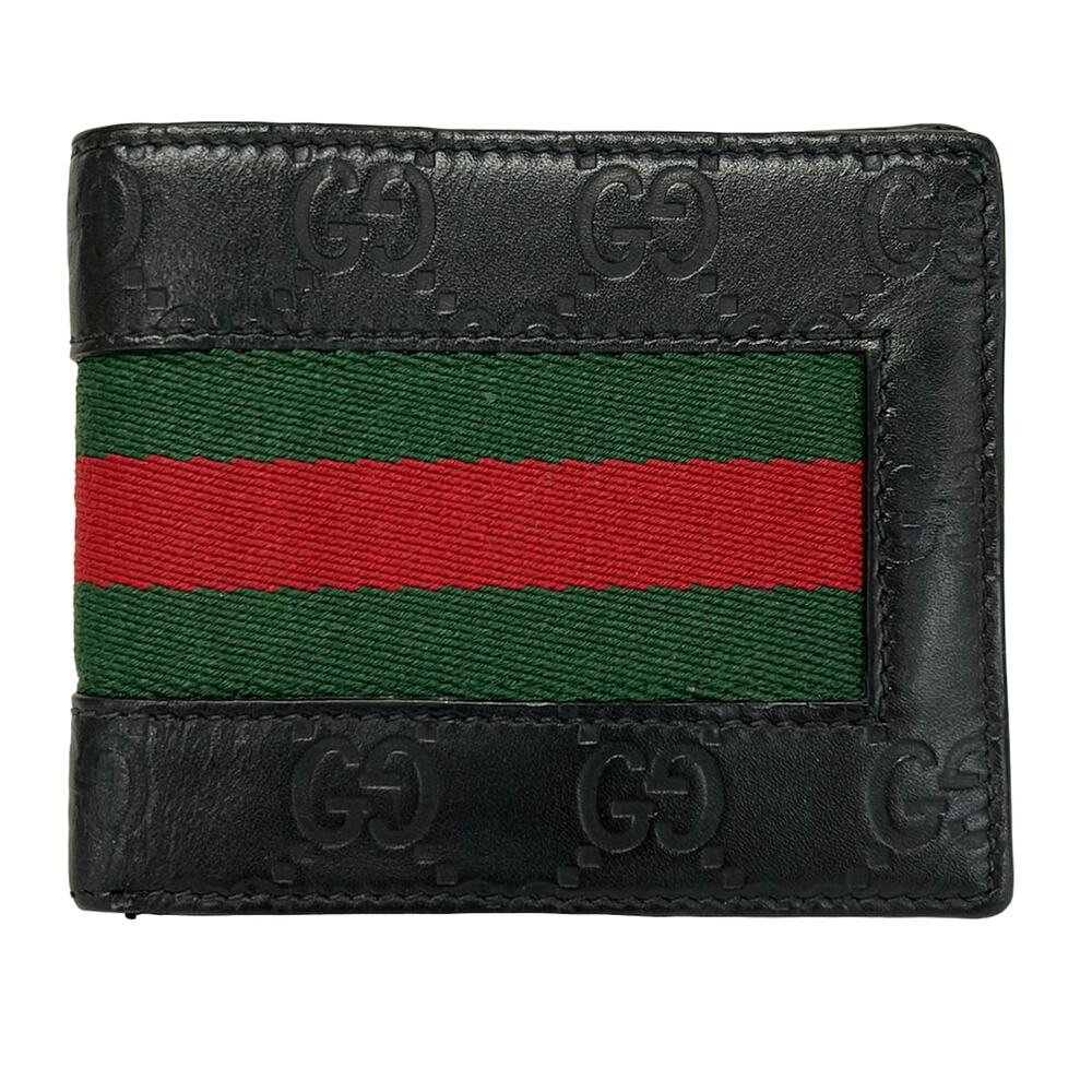 Gucci Shelly (Web) Bifold Wallet 408827 Black Green Red Leather Chemical Fiber